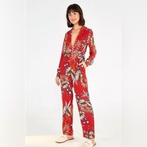 Farm Rio Jumpsuit Winter Leaf Plunge Floral L
